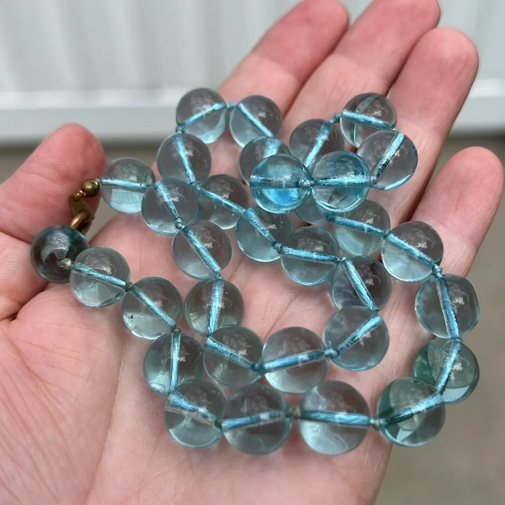 RARE Antique Light Aqua Blue Orb Pools of Light Handknotted Necklace - Picture 9 of 16